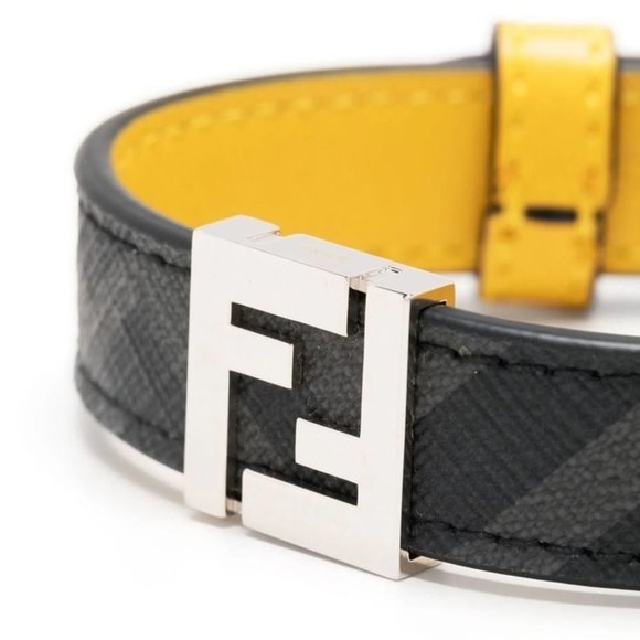 FENDI 'FF Metal Logo Reversible Bracelet' Men's Canvas & Leather M Gry/Ylw NWT! - Picture 15 of 16